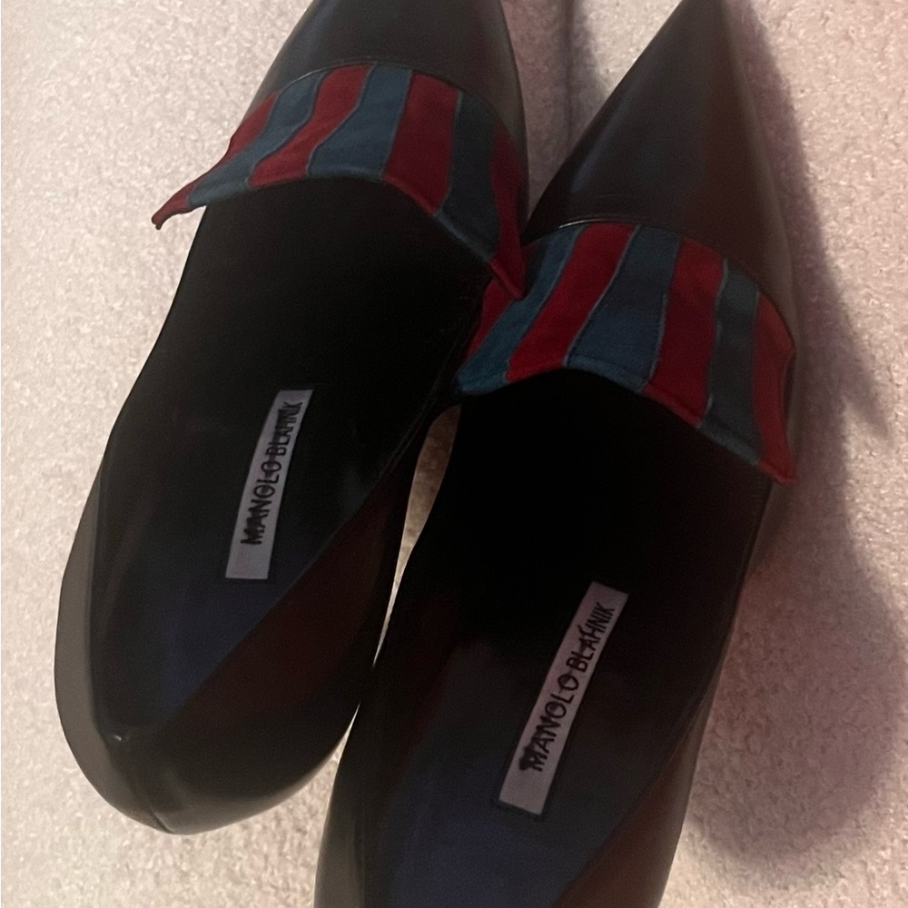 Manolo Blahnik Black Heels with Red and Blue Stripes - Picture 5 of 15